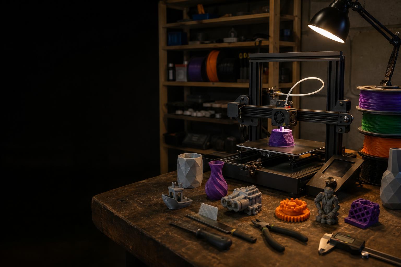 Bancada de trabalho com impressora 3D, bobinas de filamento e peças impressas